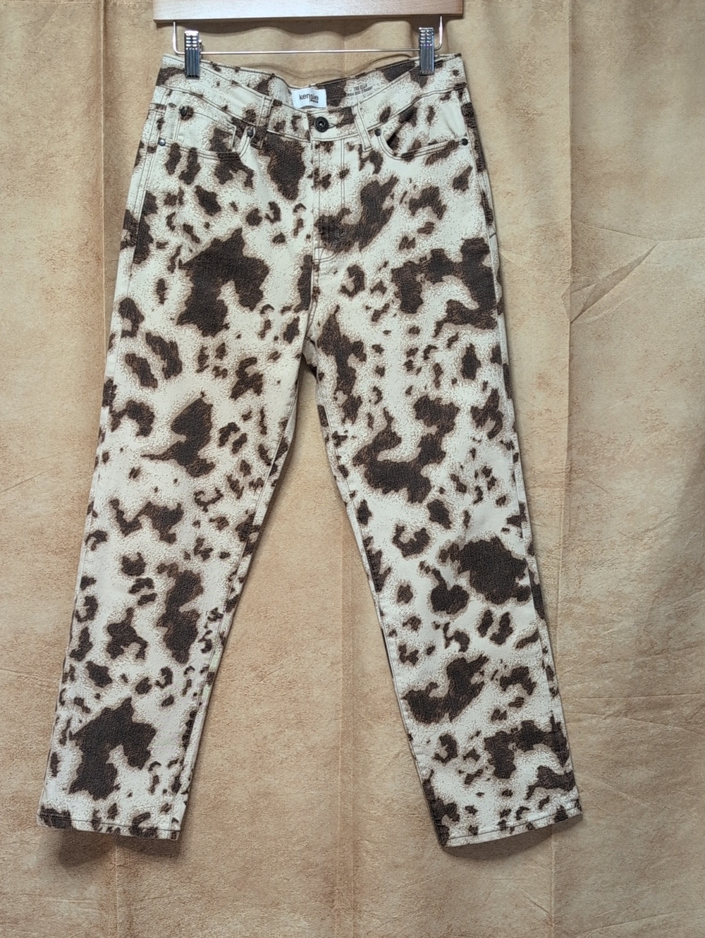Kensie Cream and Brown Cow Print Straight Leg Pants